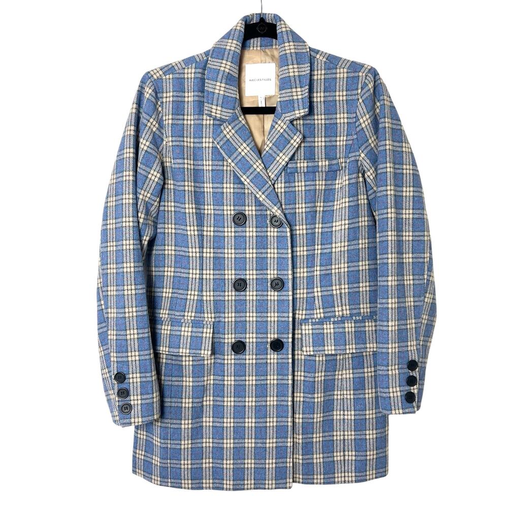 Avec Les Filles Double-Breasted Wool Plaid Blazer Jacket Blue Size Small